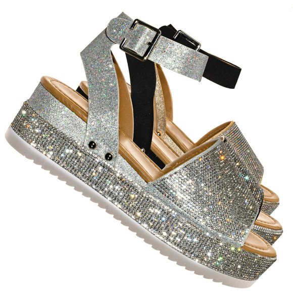 NEW Diamante Rhinestone Glitter Ankle Strap Platform Wedge Heel Sandals Open Toe - Picture 4 of 10